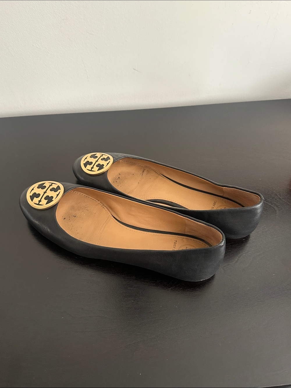 Tory Burch Black Leather Logo Ballet Flats with Gold Medallion